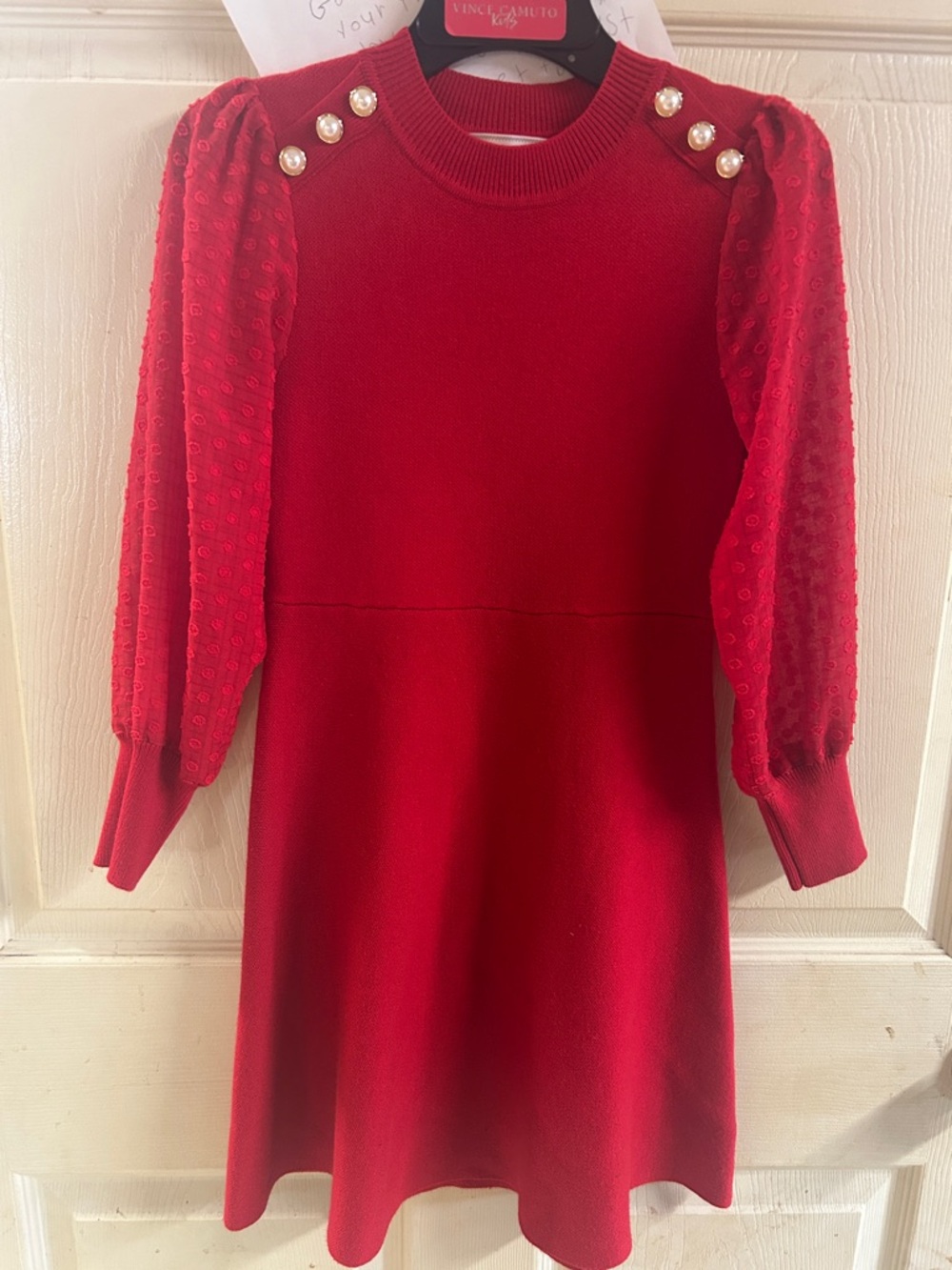 Girls Red Knit Dress with Pearl Shoulder Buttons medium 8-10